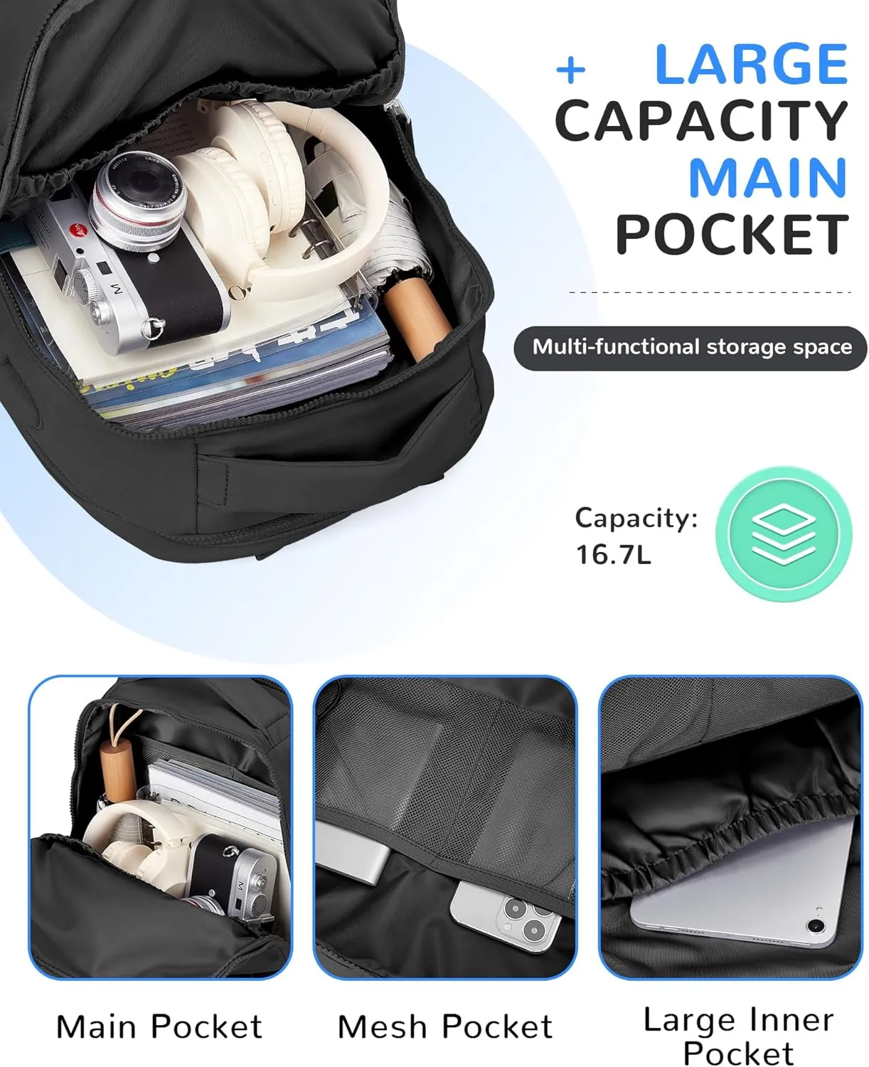 Black Laptop Backpack - Women's Travel & Gym Work Backpack