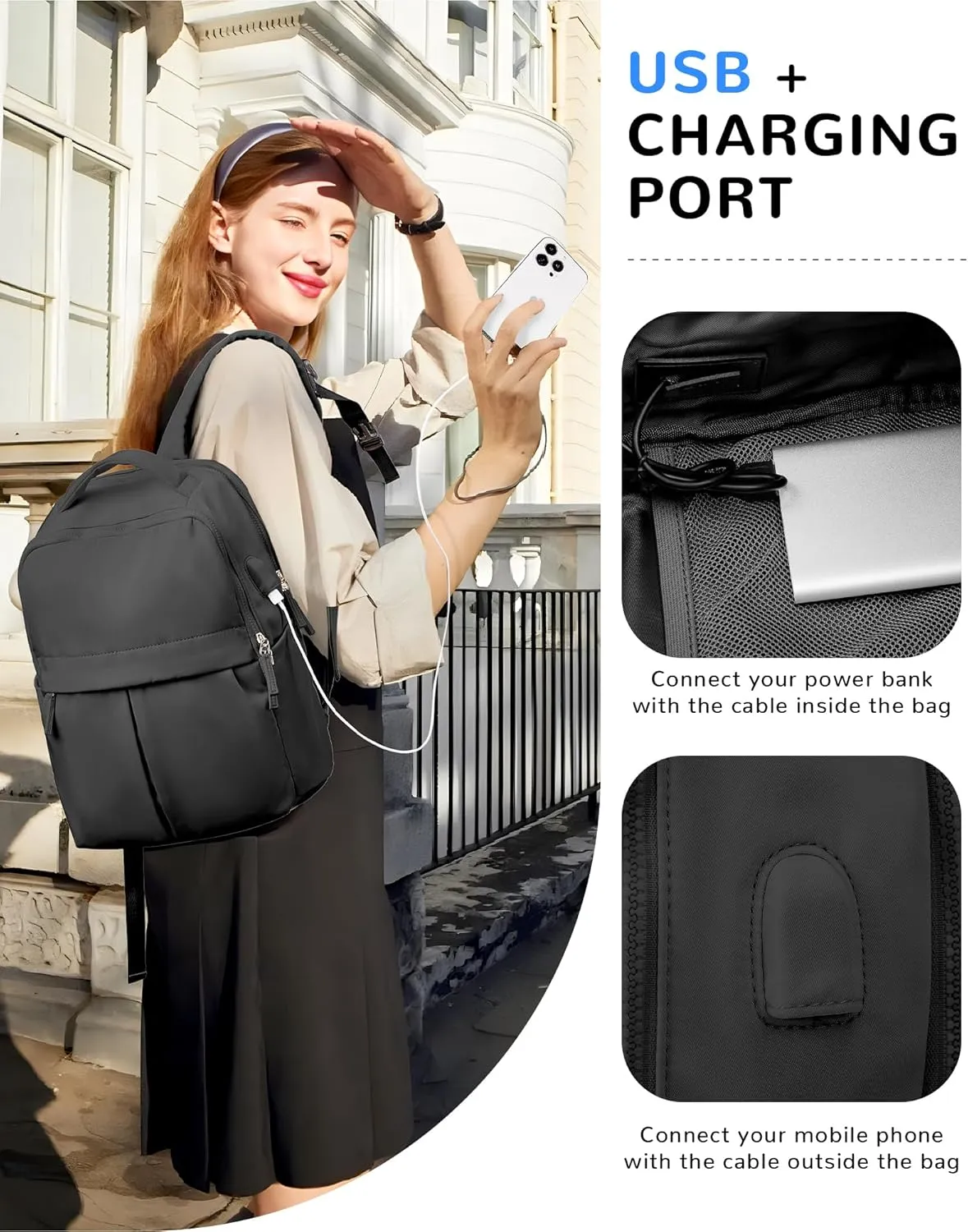 Black Laptop Backpack - Women's Travel & Gym Work Backpack