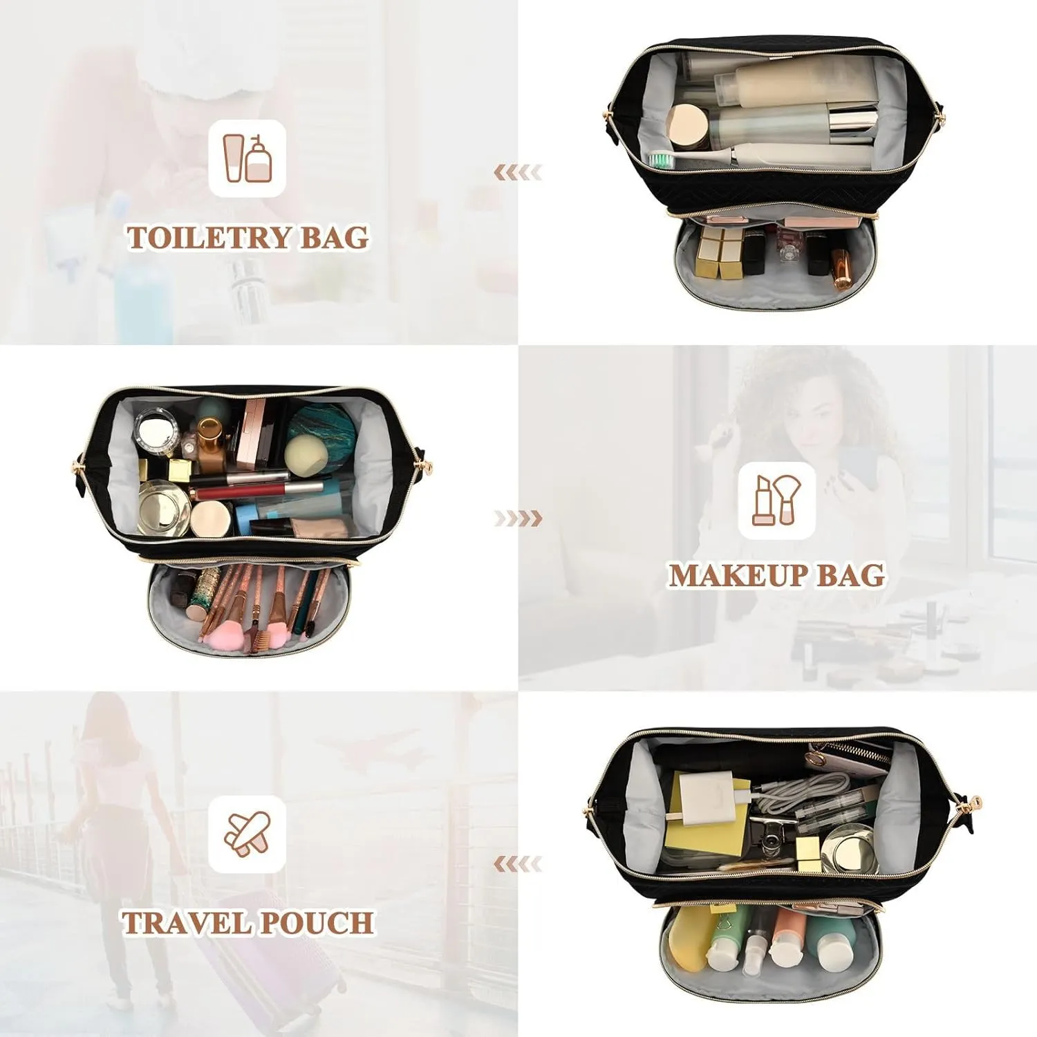 Black Makeup Bag Travel Toiletry Bag Make Up Bags Cosmetic Bag Pouch Large Makeup Case Box Bag Organizer Skincare Bag for Purse Women Men Toiletries Sports Trip Adults