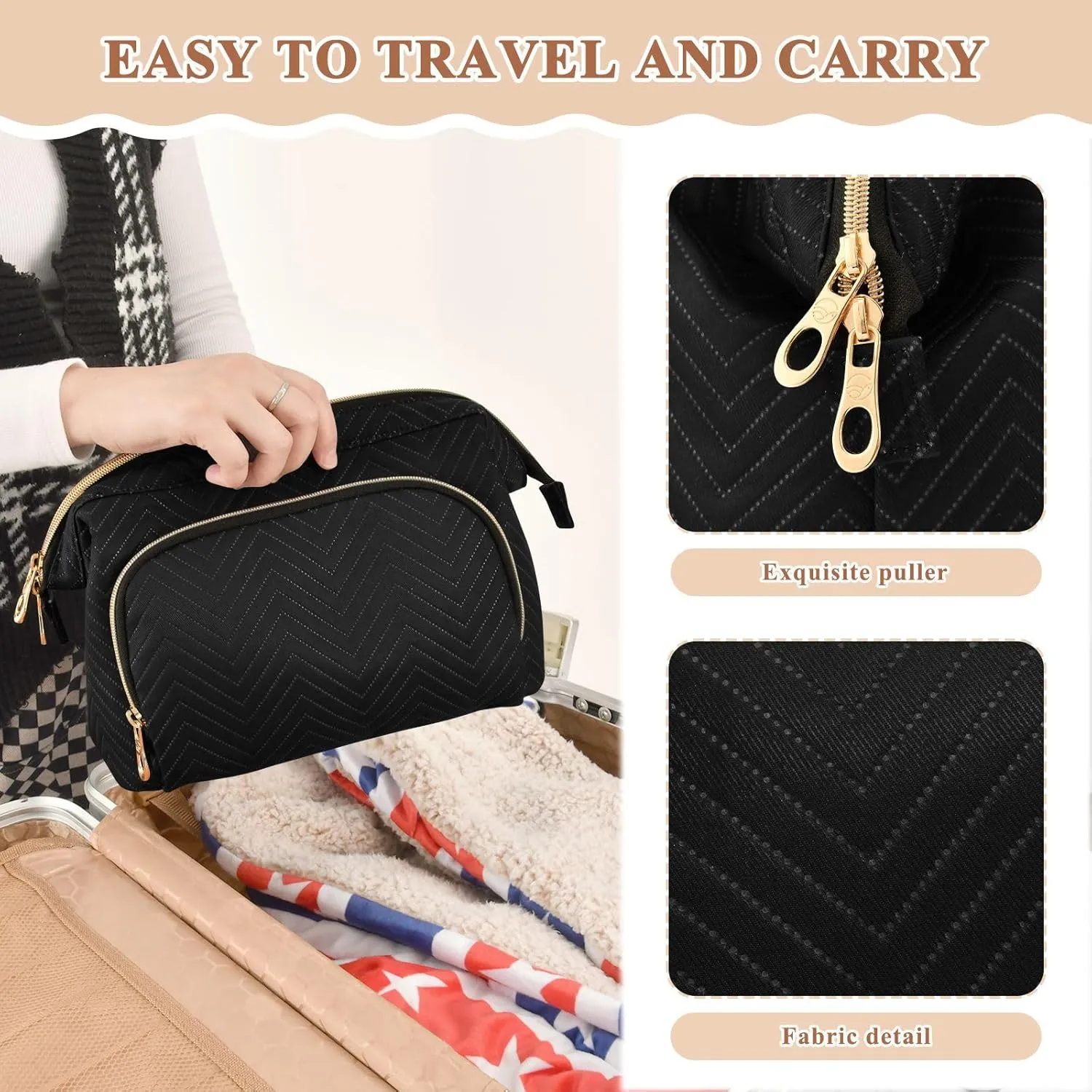 Black Makeup Bag Travel Toiletry Bag Make Up Bags Cosmetic Bag Pouch Large Makeup Case Box Bag Organizer Skincare Bag for Purse Women Men Toiletries Sports Trip Adults
