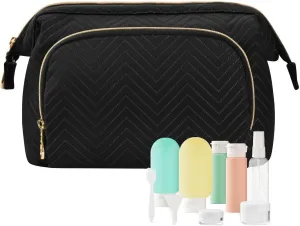 Black Makeup Bag Travel Toiletry Bag Make Up Bags Cosmetic Bag Pouch Large Makeup Case Box Bag Organizer Skincare Bag for Purse Women Men Toiletries Sports Trip Adults
