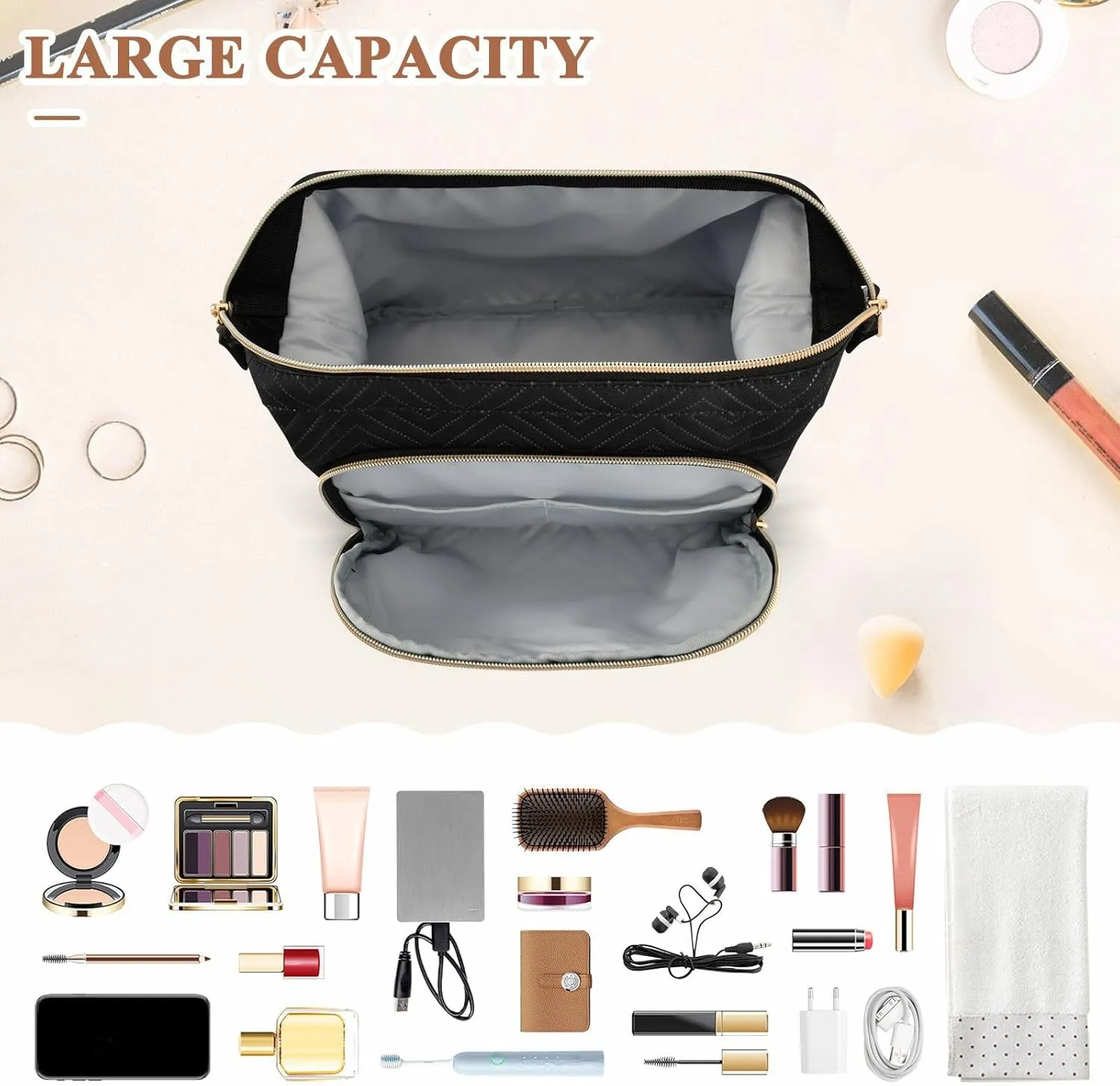 Black Makeup Bag Travel Toiletry Bag Make Up Bags Cosmetic Bag Pouch Large Makeup Case Box Bag Organizer Skincare Bag for Purse Women Men Toiletries Sports Trip Adults