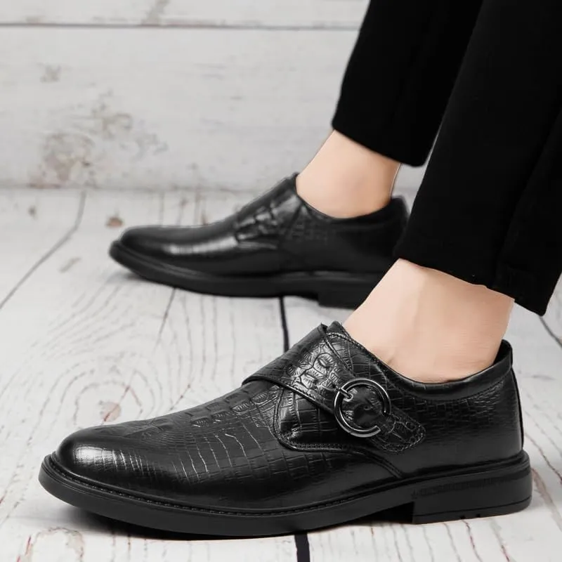 Black Patent Leather Men's Dress Shoes, Classic Crocodile Pattern Formal Oxfords for Office, Work & Party, Slip-On Business Footwear