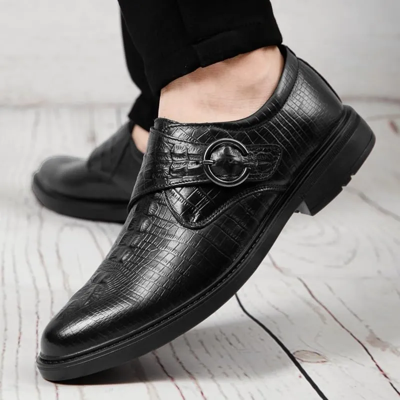 Black Patent Leather Men's Dress Shoes, Classic Crocodile Pattern Formal Oxfords for Office, Work & Party, Slip-On Business Footwear