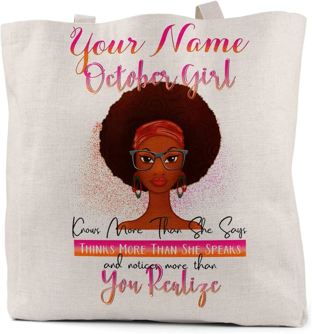 Bleu Reign Reusable Tote Bag Personalized Custom Name Beautiful Brown African American Birthday Girl Month October Linen Travel