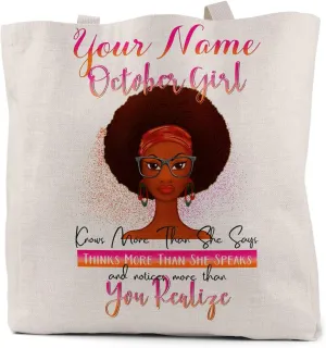 Bleu Reign Reusable Tote Bag Personalized Custom Name Beautiful Brown African American Birthday Girl Month October Linen Travel