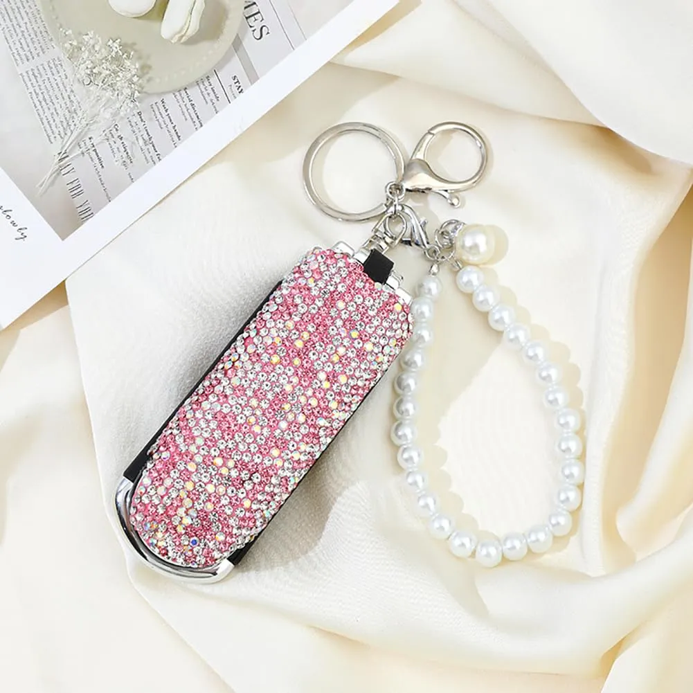Bling Folding Hair Brush Keychain Rhinestone Pocket Hair Brush Keyring Mini Paddle Hair Massage Comb with Mirror for Women Girls Pink