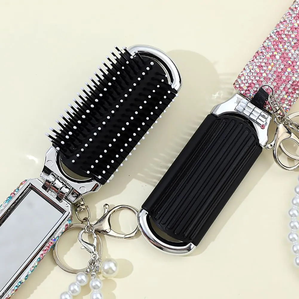 Bling Folding Hair Brush Keychain Rhinestone Pocket Hair Brush Keyring Mini Paddle Hair Massage Comb with Mirror for Women Girls Pink