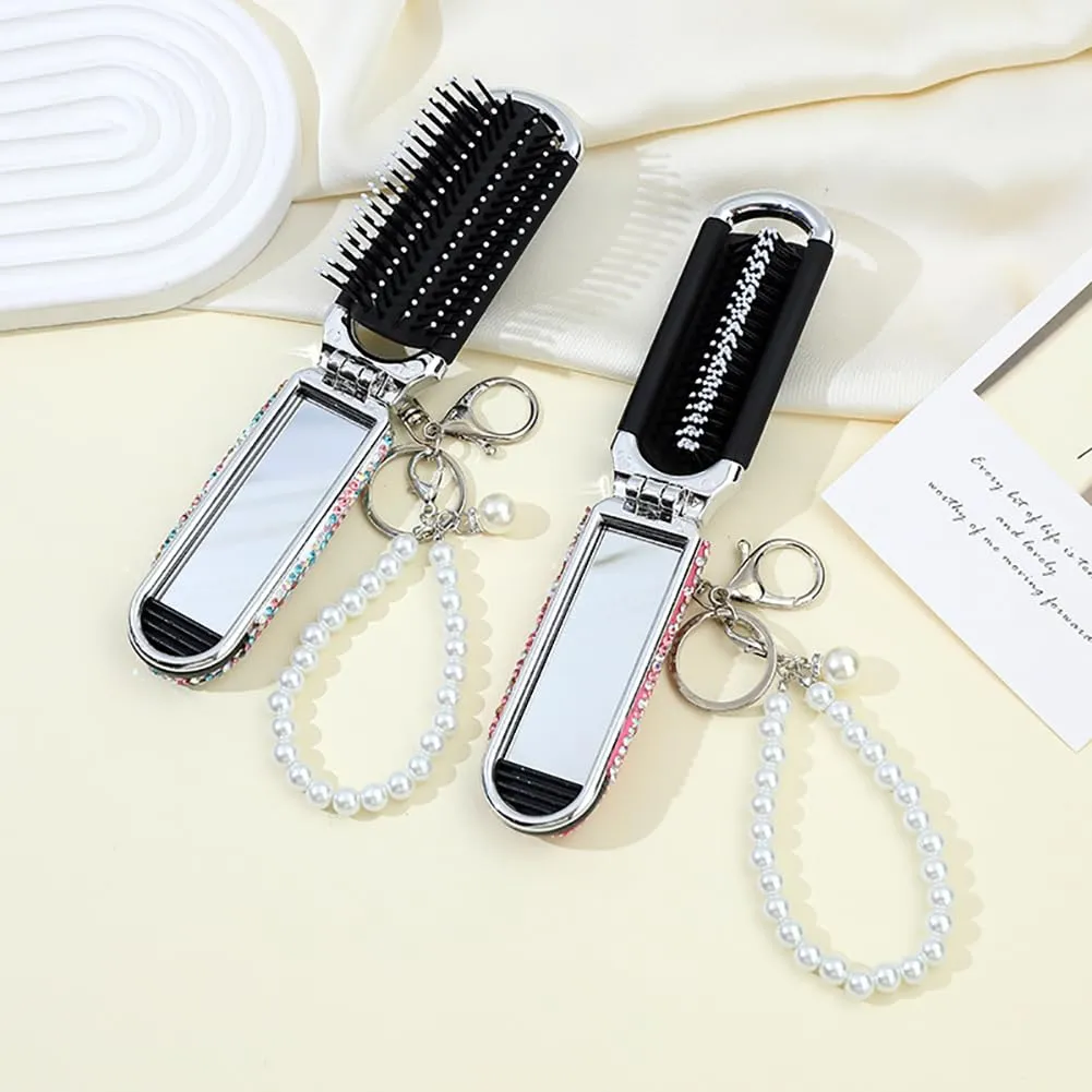 Bling Folding Hair Brush Keychain Rhinestone Pocket Hair Brush Keyring Mini Paddle Hair Massage Comb with Mirror for Women Girls Pink