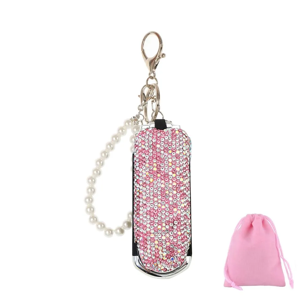 Bling Folding Hair Brush Keychain Rhinestone Pocket Hair Brush Keyring Mini Paddle Hair Massage Comb with Mirror for Women Girls Pink