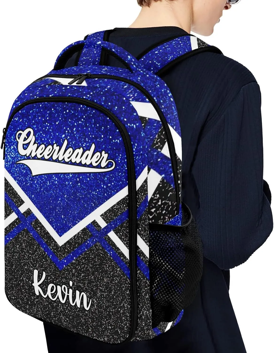 Bling Print Blue Cheerleader Cheer Backpack Personalized with Name for Men Women Shoulder Bag Laptop Bag Bookbag