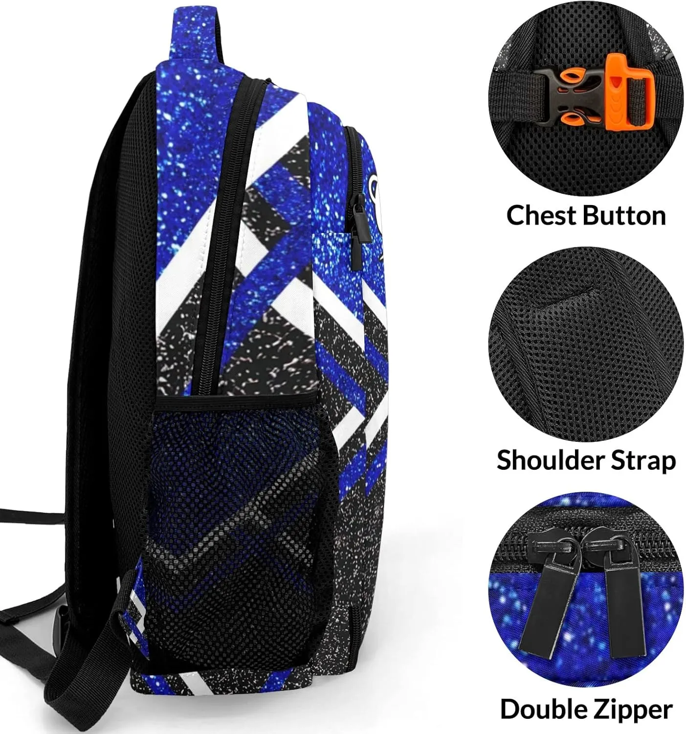 Bling Print Blue Cheerleader Cheer Backpack Personalized with Name for Men Women Shoulder Bag Laptop Bag Bookbag