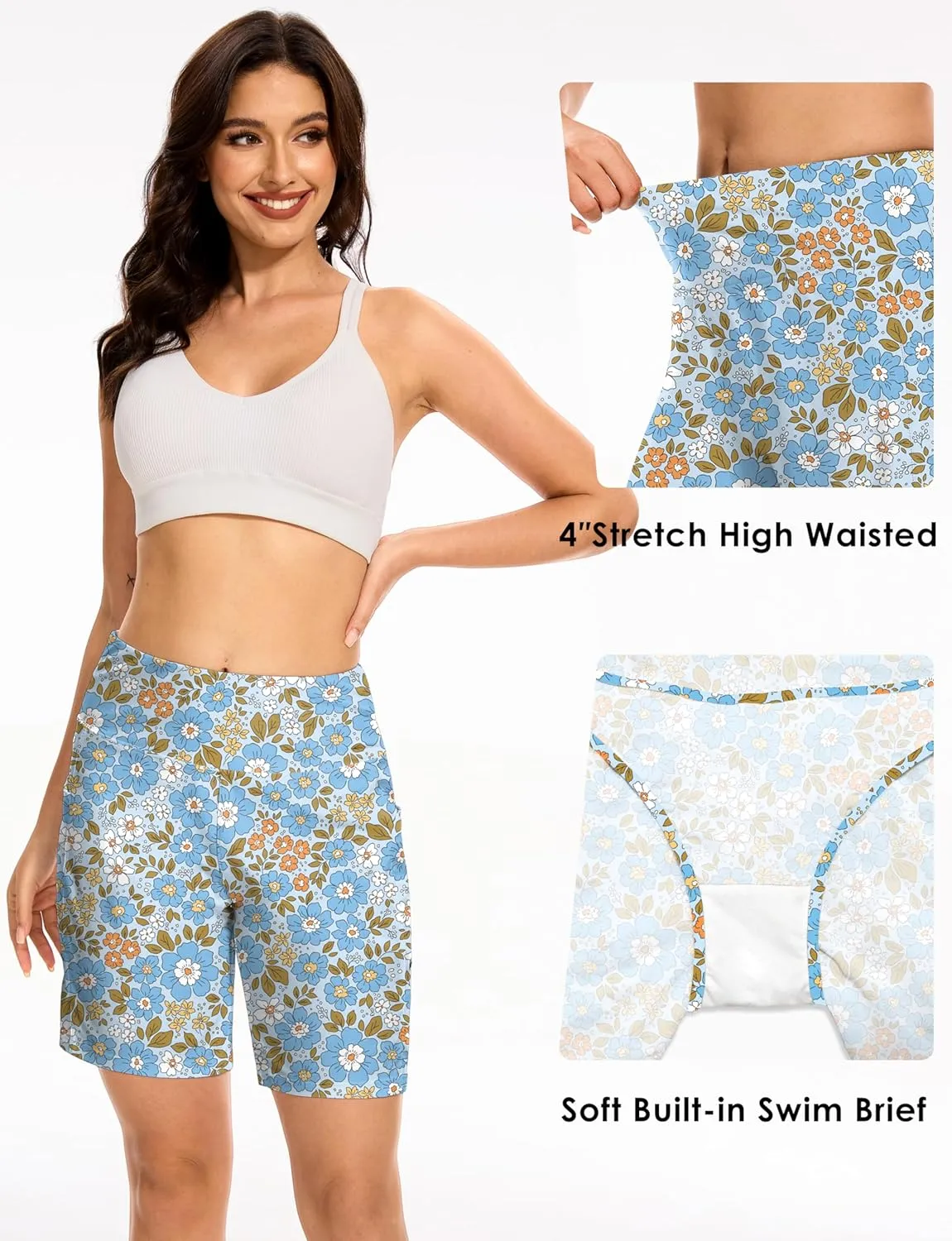 Blouty Women's 7" Long Swim Board Shorts with Pockets Liner High Waisted Quick Dry Beach Swimming Shorts for Women