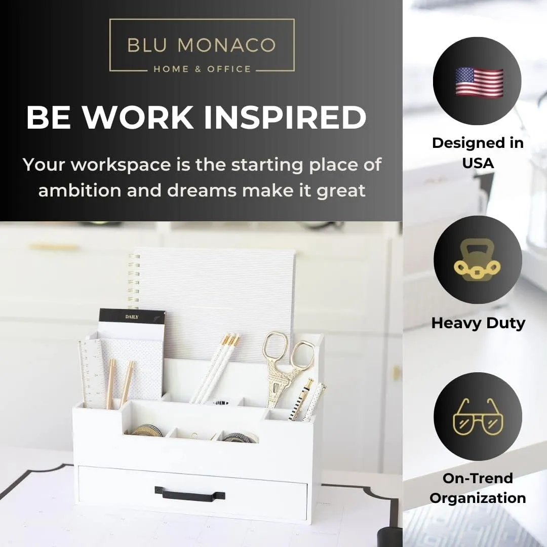 BLU MONACO White Wooden Desk Organizer with Drawer – Office Desk Caddy for Supplies and Accessories – Stylish Desktop Storage for Women