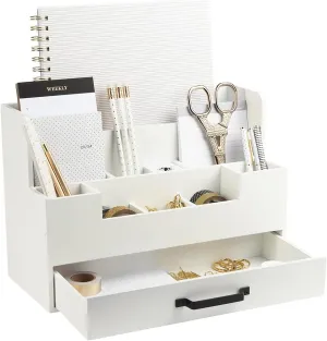 BLU MONACO White Wooden Desk Organizer with Drawer – Office Desk Caddy for Supplies and Accessories – Stylish Desktop Storage for Women