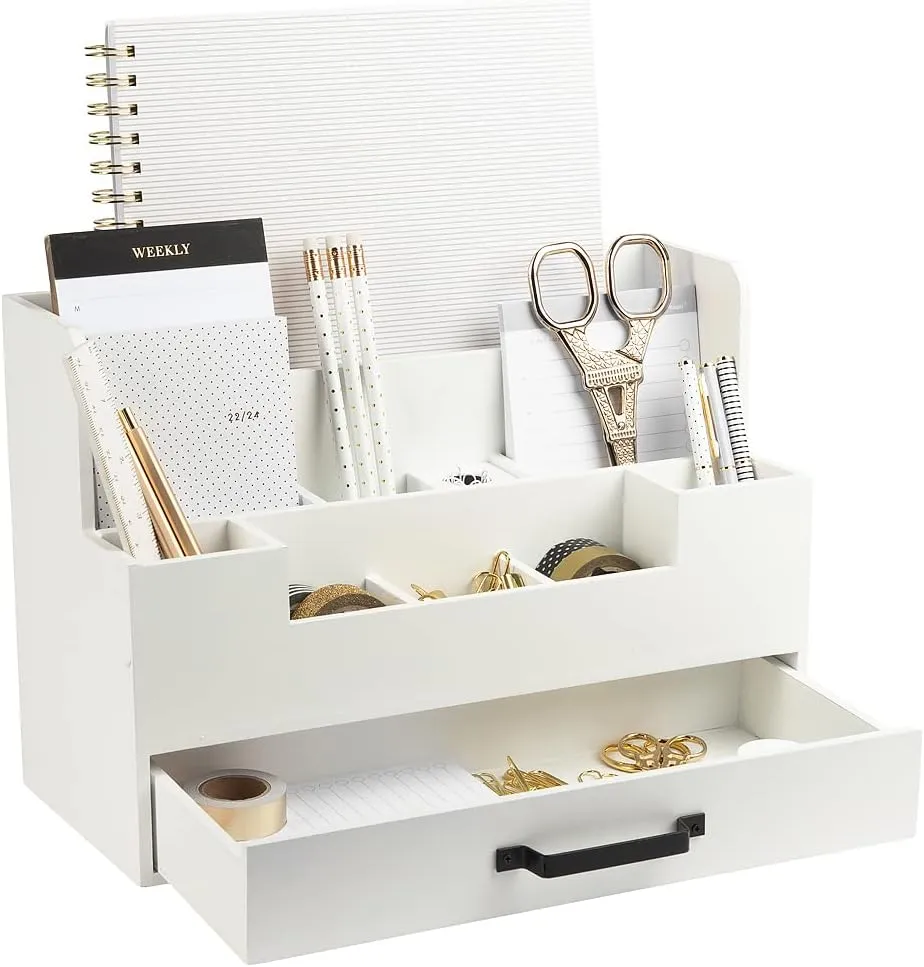 BLU MONACO White Wooden Desk Organizer with Drawer – Office Desk Caddy for Supplies and Accessories – Stylish Desktop Storage for Women