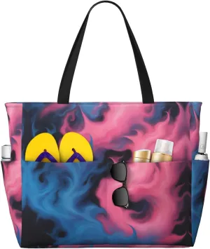 Blue And Pink Fire Print Stylish Beach Tote Bag,Large Capacity Handbag,Perfect For Women'S Vacation And Daily Use