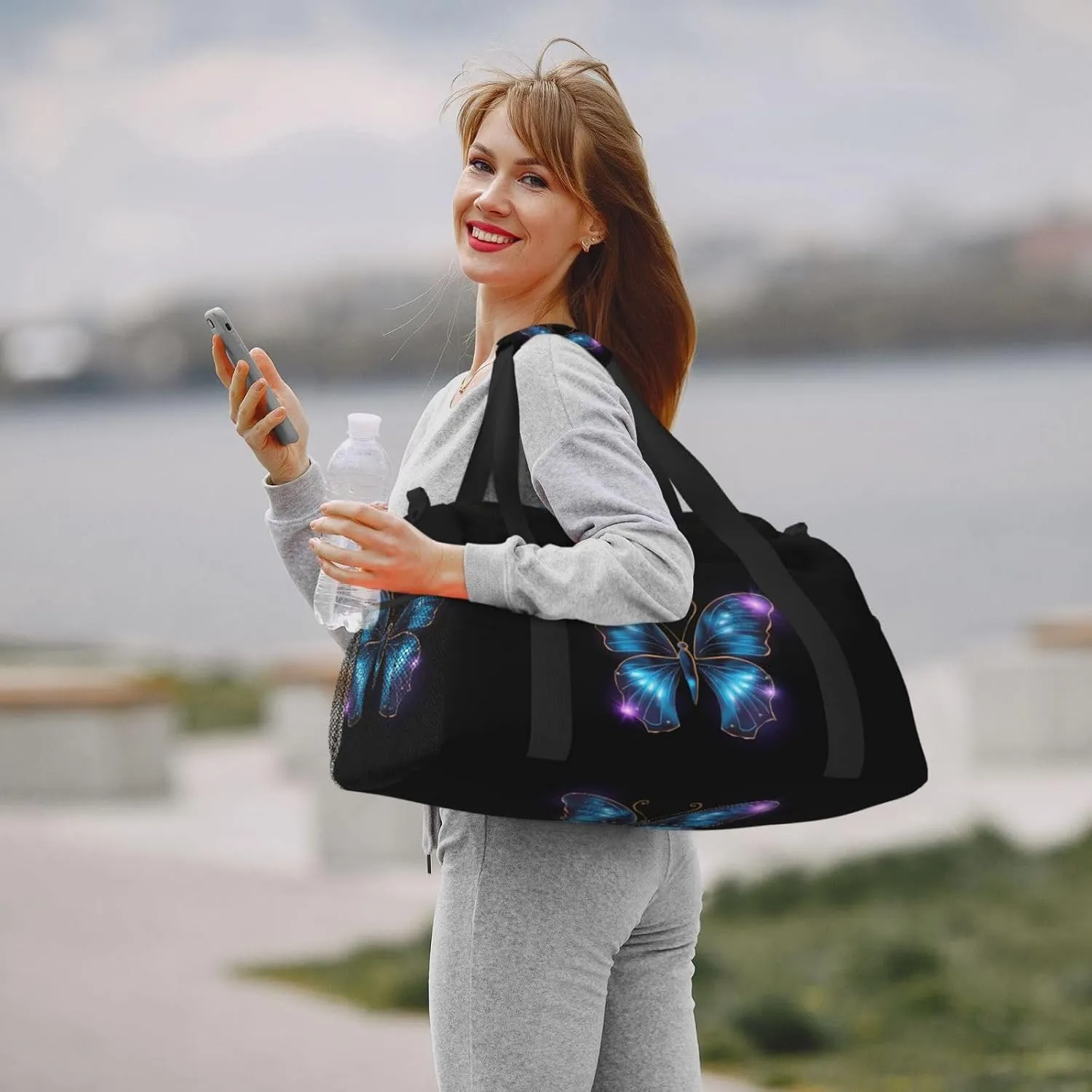 Blue Butterfly Big Capacity Sports Gym Bag Portable Travel Duffle Bag, Purple Star Lightweight Weekender Workout Bag for Overnight, Unisex