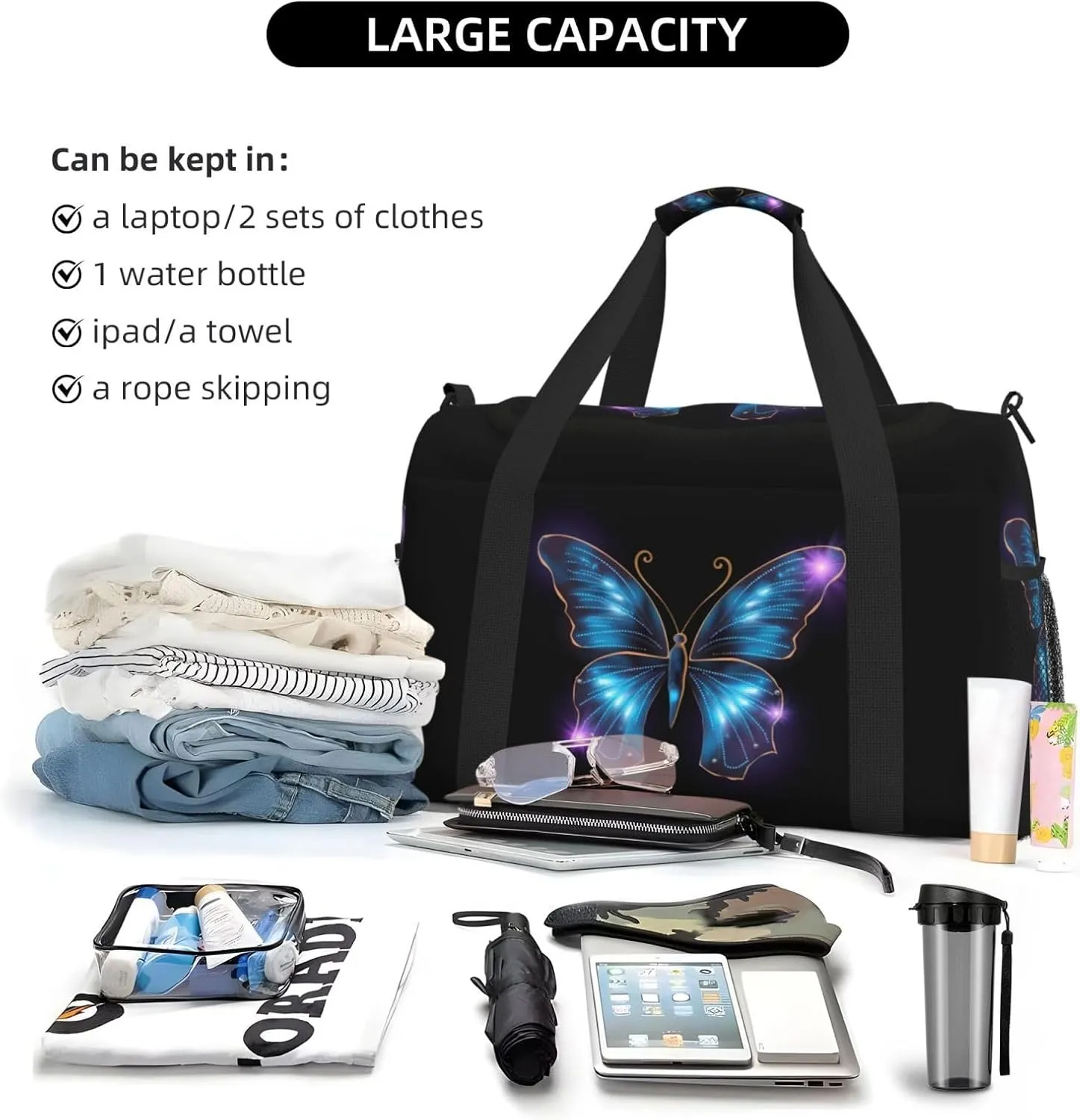 Blue Butterfly Big Capacity Sports Gym Bag Portable Travel Duffle Bag, Purple Star Lightweight Weekender Workout Bag for Overnight, Unisex