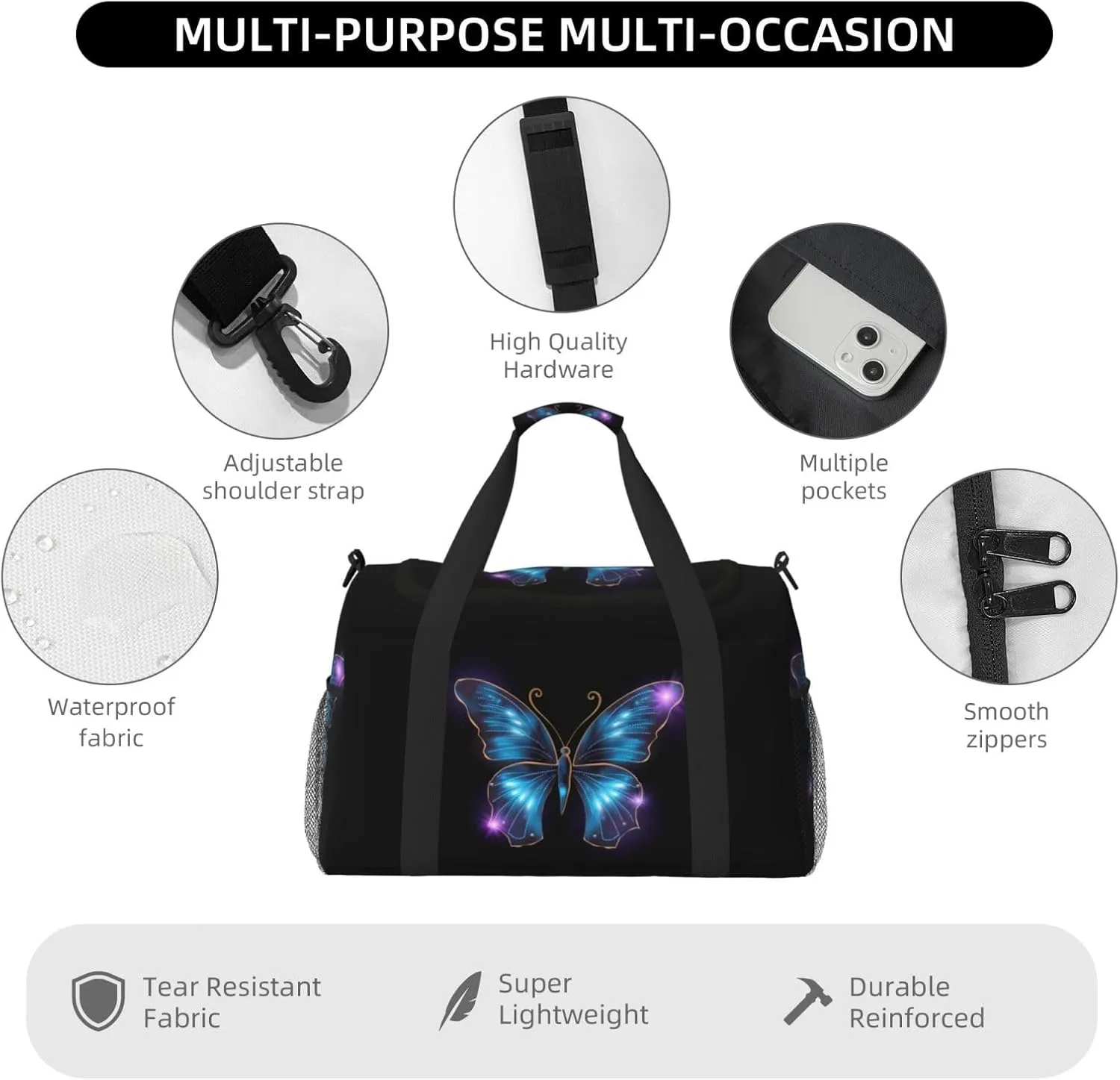 Blue Butterfly Big Capacity Sports Gym Bag Portable Travel Duffle Bag, Purple Star Lightweight Weekender Workout Bag for Overnight, Unisex