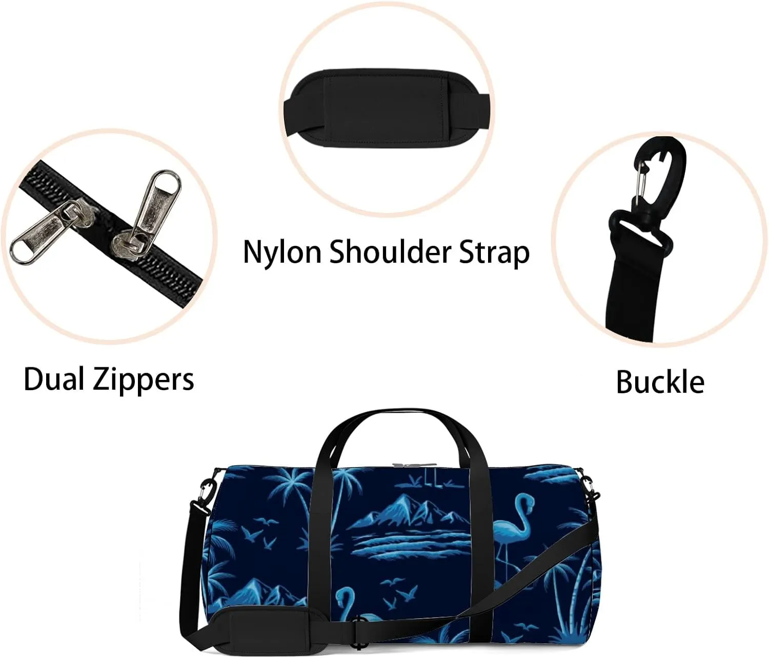 Blue Flamingos with Palm Trees Mountains Sports Duffel Bag Travel Gym Tote Bags Lightweight Durable Shoulder Strap Waterproof Polyester Outside Mesh Pocket Overnight Trip Duffel Bag for Women Men