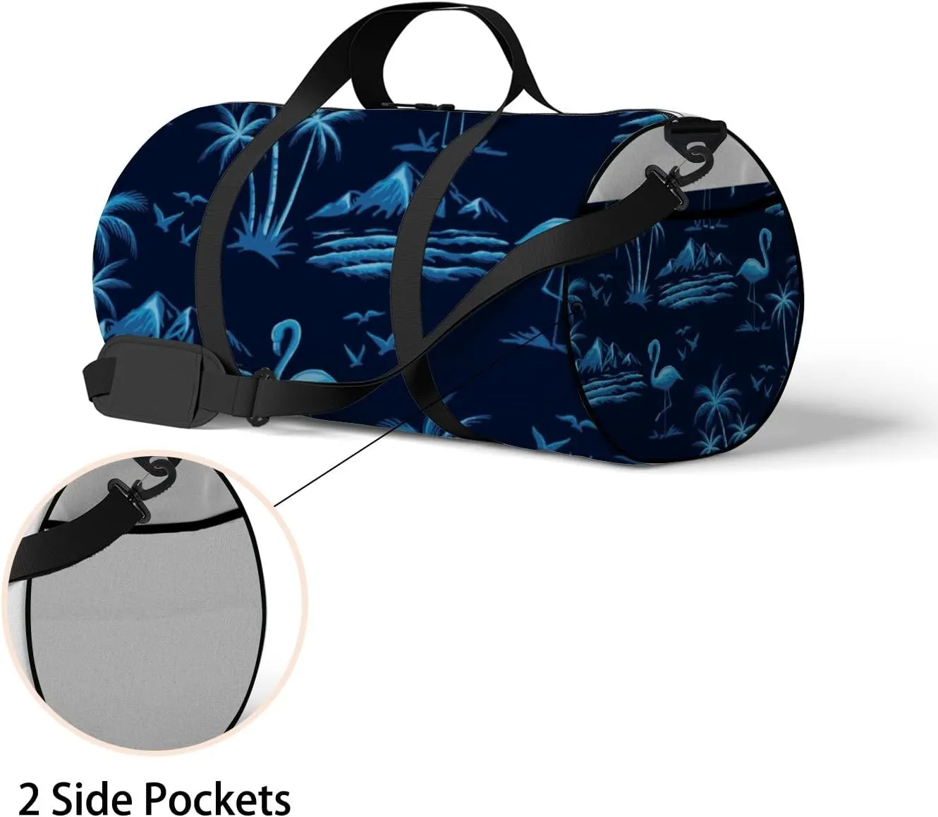 Blue Flamingos with Palm Trees Mountains Sports Duffel Bag Travel Gym Tote Bags Lightweight Durable Shoulder Strap Waterproof Polyester Outside Mesh Pocket Overnight Trip Duffel Bag for Women Men