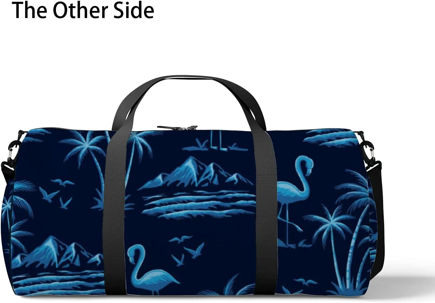 Blue Flamingos with Palm Trees Mountains Sports Duffel Bag Travel Gym Tote Bags Lightweight Durable Shoulder Strap Waterproof Polyester Outside Mesh Pocket Overnight Trip Duffel Bag for Women Men