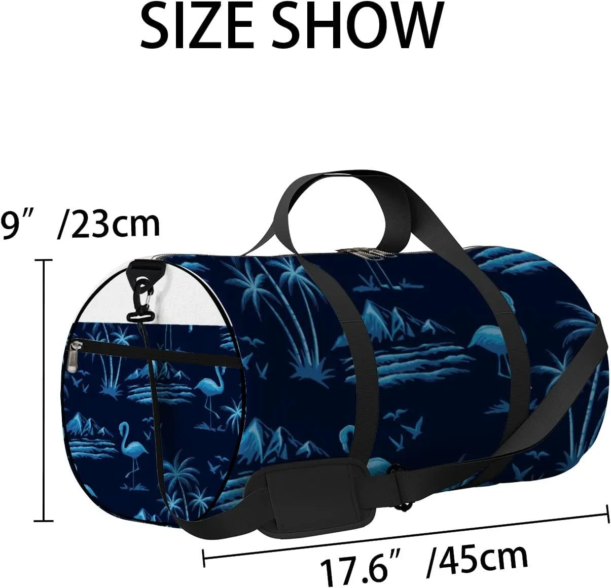 Blue Flamingos with Palm Trees Mountains Sports Duffel Bag Travel Gym Tote Bags Lightweight Durable Shoulder Strap Waterproof Polyester Outside Mesh Pocket Overnight Trip Duffel Bag for Women Men