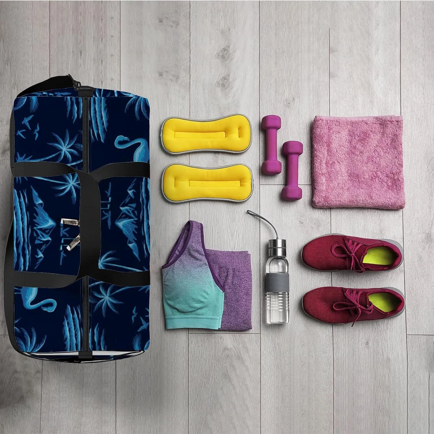 Blue Flamingos with Palm Trees Mountains Sports Duffel Bag Travel Gym Tote Bags Lightweight Durable Shoulder Strap Waterproof Polyester Outside Mesh Pocket Overnight Trip Duffel Bag for Women Men
