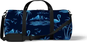 Blue Flamingos with Palm Trees Mountains Sports Duffel Bag Travel Gym Tote Bags Lightweight Durable Shoulder Strap Waterproof Polyester Outside Mesh Pocket Overnight Trip Duffel Bag for Women Men