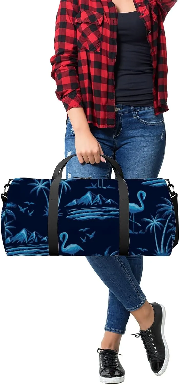 Blue Flamingos with Palm Trees Mountains Sports Duffel Bag Travel Gym Tote Bags Lightweight Durable Shoulder Strap Waterproof Polyester Outside Mesh Pocket Overnight Trip Duffel Bag for Women Men