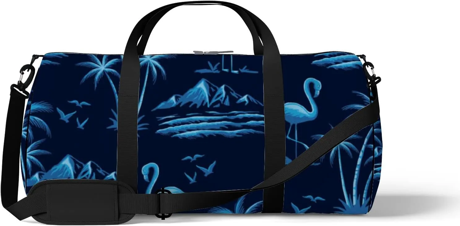 Blue Flamingos with Palm Trees Mountains Sports Duffel Bag Travel Gym Tote Bags Lightweight Durable Shoulder Strap Waterproof Polyester Outside Mesh Pocket Overnight Trip Duffel Bag for Women Men