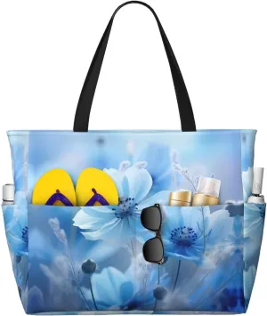 Blue Flowers Beach Tote Bag For Women Beach Bag Waterproof And Sandproof Tote Bag Large Travel Bag