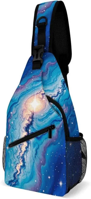 Blue Galaxy Pattern Crossbody Small Sling Backpack Sling Bag for Women Men Travel Hiking Chest Bag Daypack