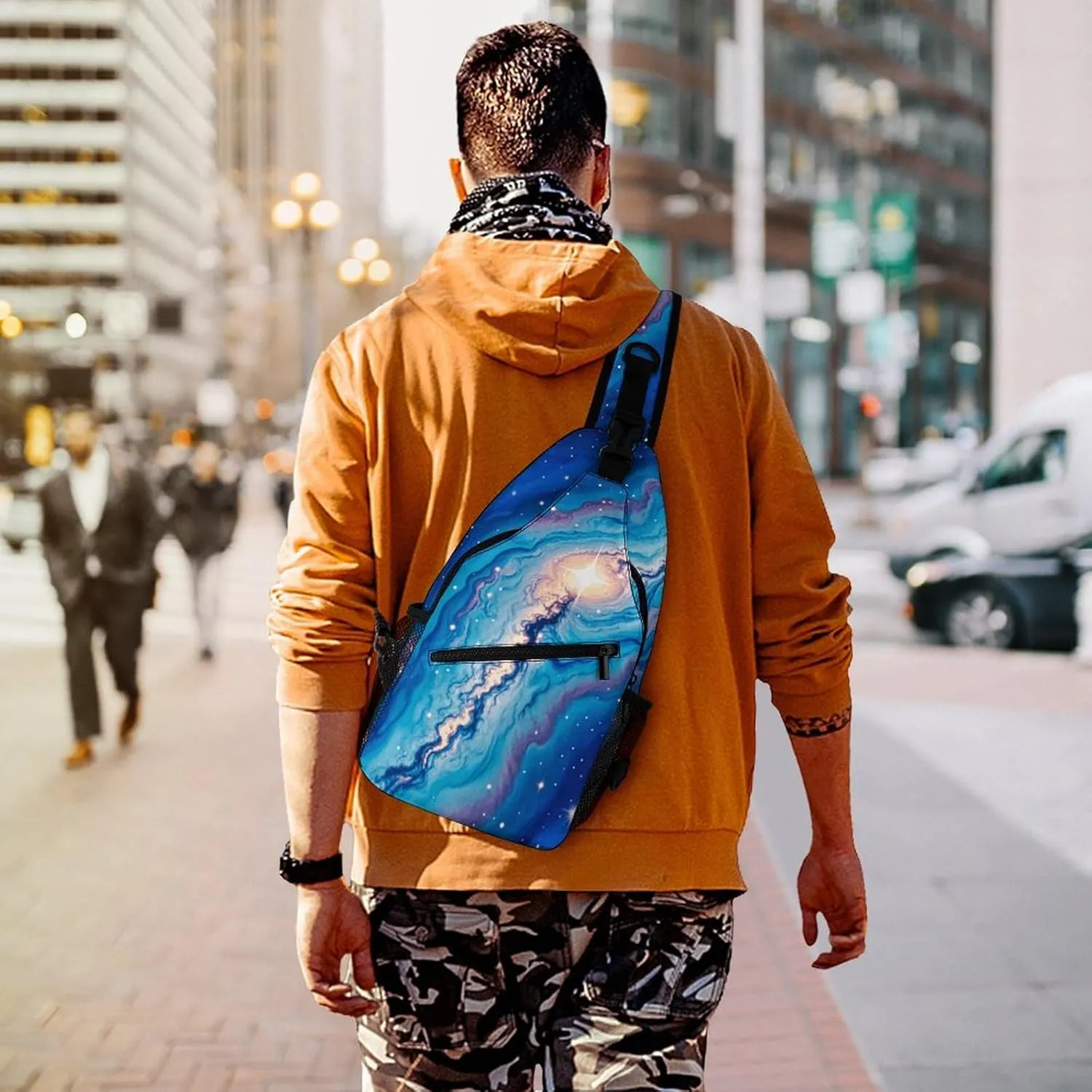 Blue Galaxy Pattern Crossbody Small Sling Backpack Sling Bag for Women Men Travel Hiking Chest Bag Daypack