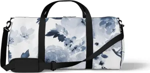 Blue Large Flowers Sports Duffel Bag Travel Gym Tote Bags Lightweight Durable Shoulder Strap Waterproof Polyester Outside Mesh Pocket Overnight Trip Duffel Bag for Women Men