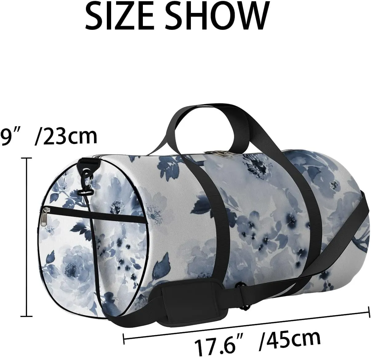 Blue Large Flowers Sports Duffel Bag Travel Gym Tote Bags Lightweight Durable Shoulder Strap Waterproof Polyester Outside Mesh Pocket Overnight Trip Duffel Bag for Women Men