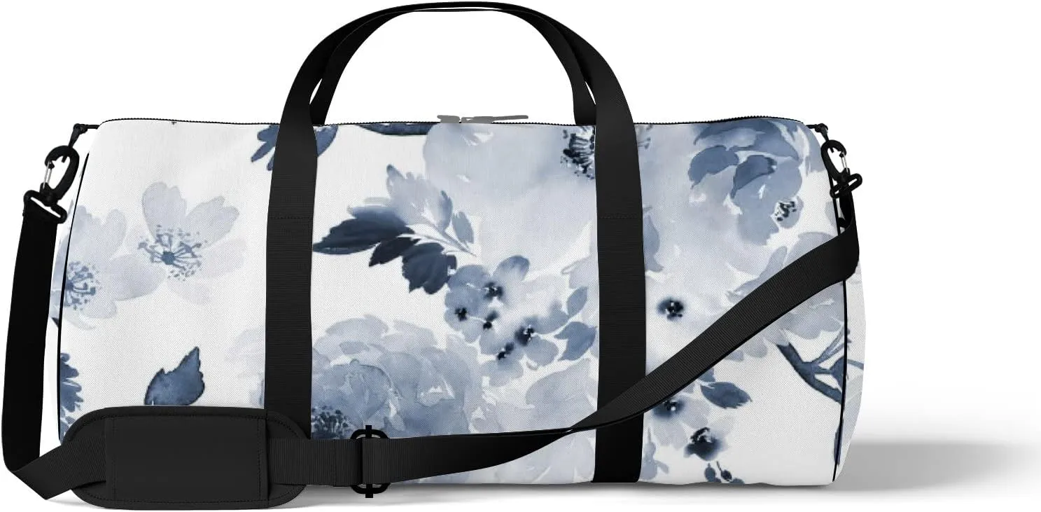 Blue Large Flowers Sports Duffel Bag Travel Gym Tote Bags Lightweight Durable Shoulder Strap Waterproof Polyester Outside Mesh Pocket Overnight Trip Duffel Bag for Women Men