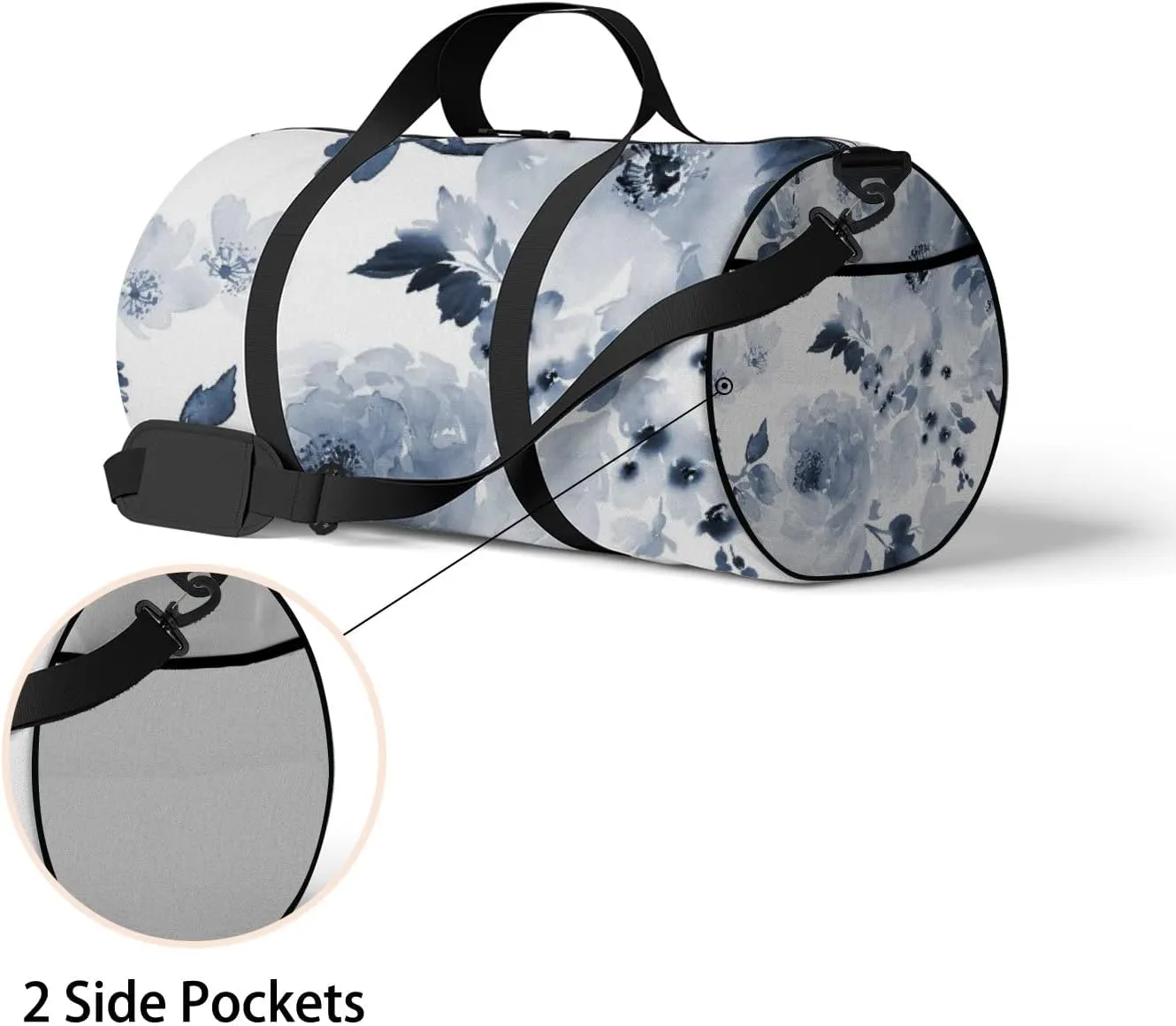 Blue Large Flowers Sports Duffel Bag Travel Gym Tote Bags Lightweight Durable Shoulder Strap Waterproof Polyester Outside Mesh Pocket Overnight Trip Duffel Bag for Women Men
