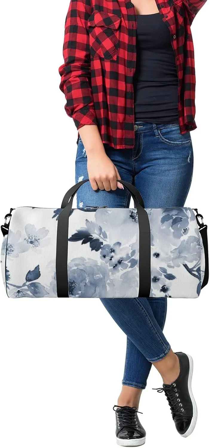 Blue Large Flowers Sports Duffel Bag Travel Gym Tote Bags Lightweight Durable Shoulder Strap Waterproof Polyester Outside Mesh Pocket Overnight Trip Duffel Bag for Women Men