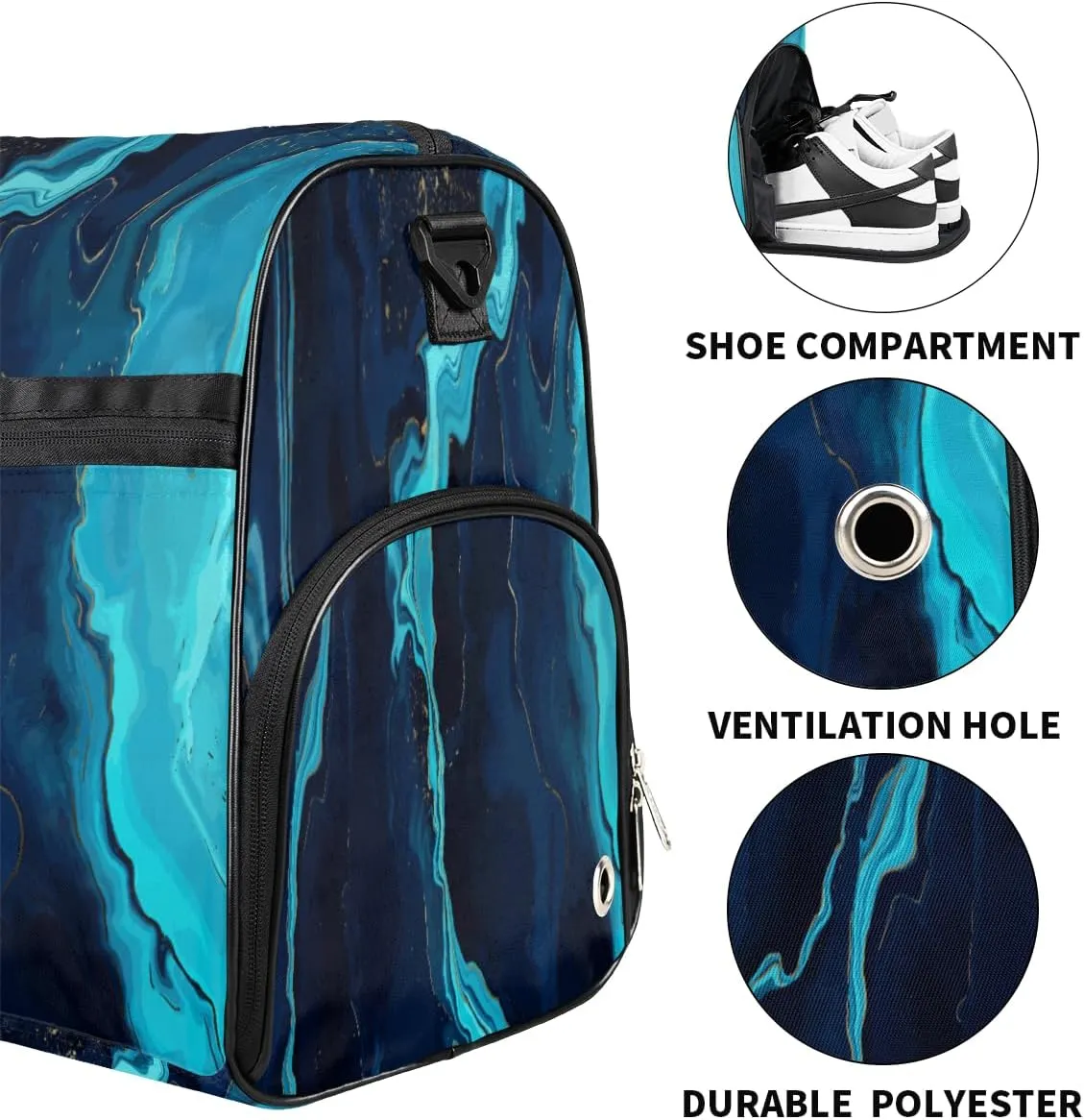 Blue Marble Dry Wet Depart Duffle Overnight Bag with Shoes Compartment & Wet Pockets, Water Resistant Weekender Travel Gym Pouch For Swim Gymnastics Ballet Sleepovers