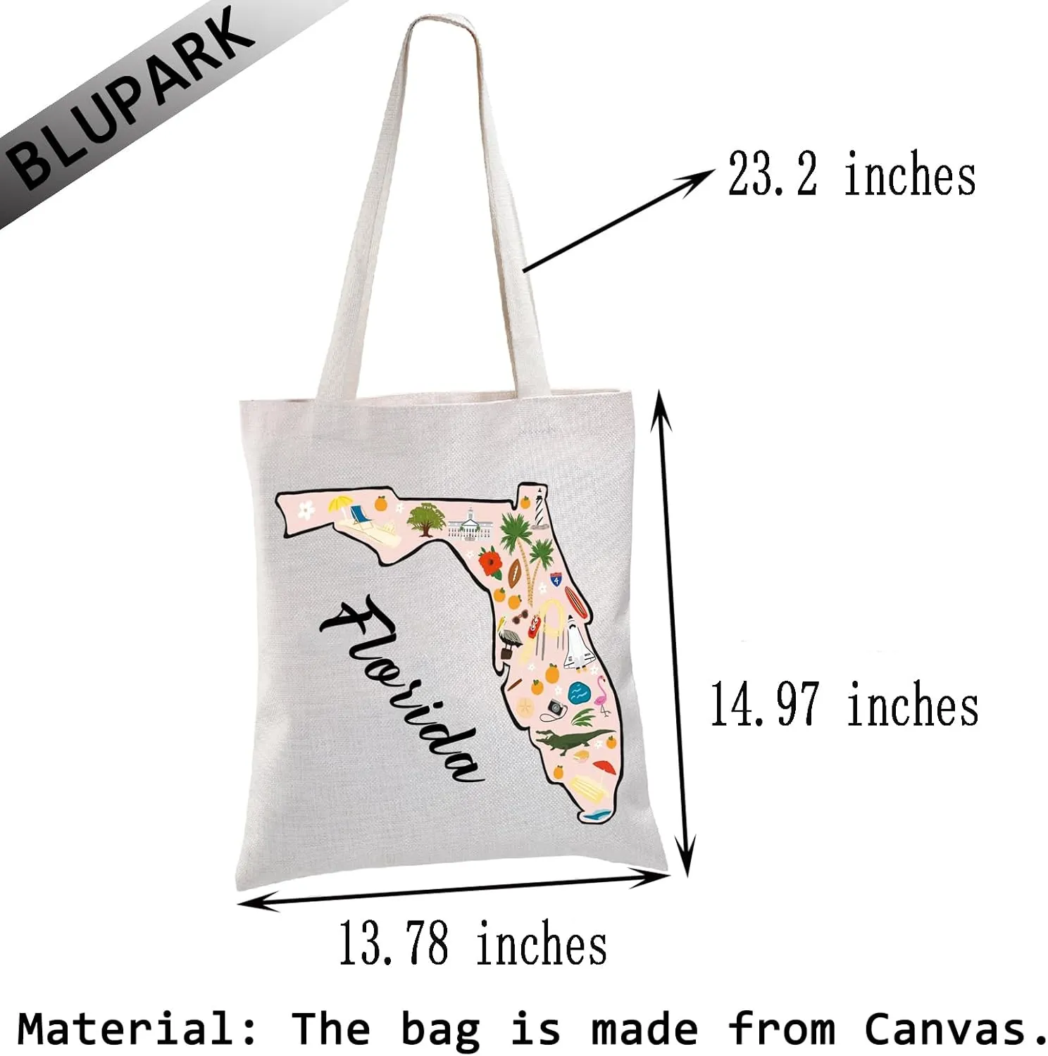 BLUPARK Florida Icons Tote Bag Relocation Gift Florida Travel Shopping Bag Beach Lover Gift