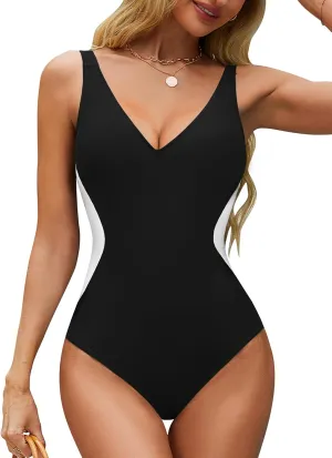 BMJL Women's One Piece Swimsuit Slimming Tummy Control Bathing Suit Deep V Neck Color Block Lace Up Back Swimwear