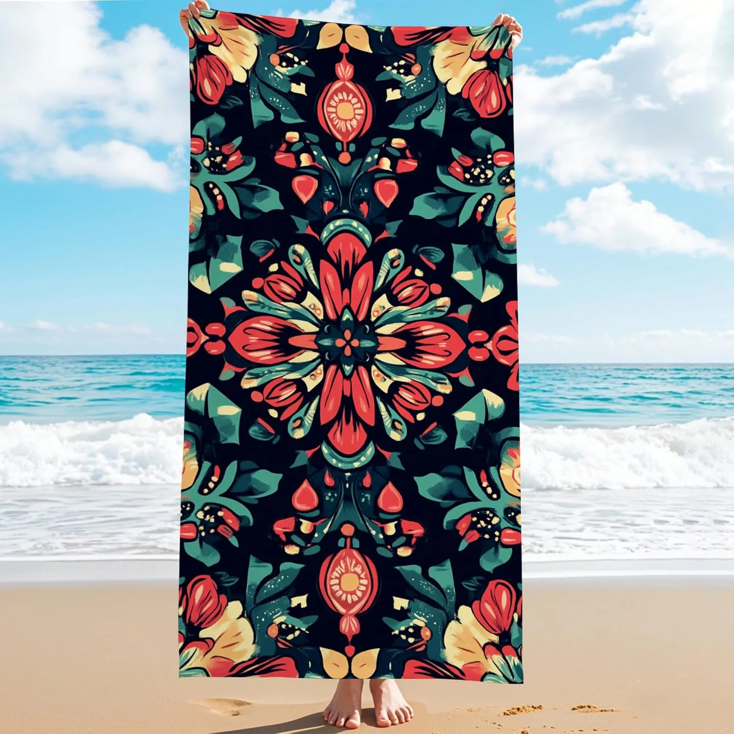 Bohemian Floral Microfiber Beach Towel Vibrant Tropical Blossom Towel, Quick Dry Absorbent Soft Lightweight Sand Free Blanket, Beach Vacation Picnic Essentials 62x31 Inch