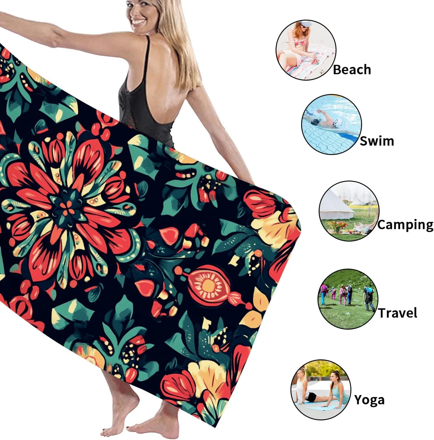 Bohemian Floral Microfiber Beach Towel Vibrant Tropical Blossom Towel, Quick Dry Absorbent Soft Lightweight Sand Free Blanket, Beach Vacation Picnic Essentials 62x31 Inch