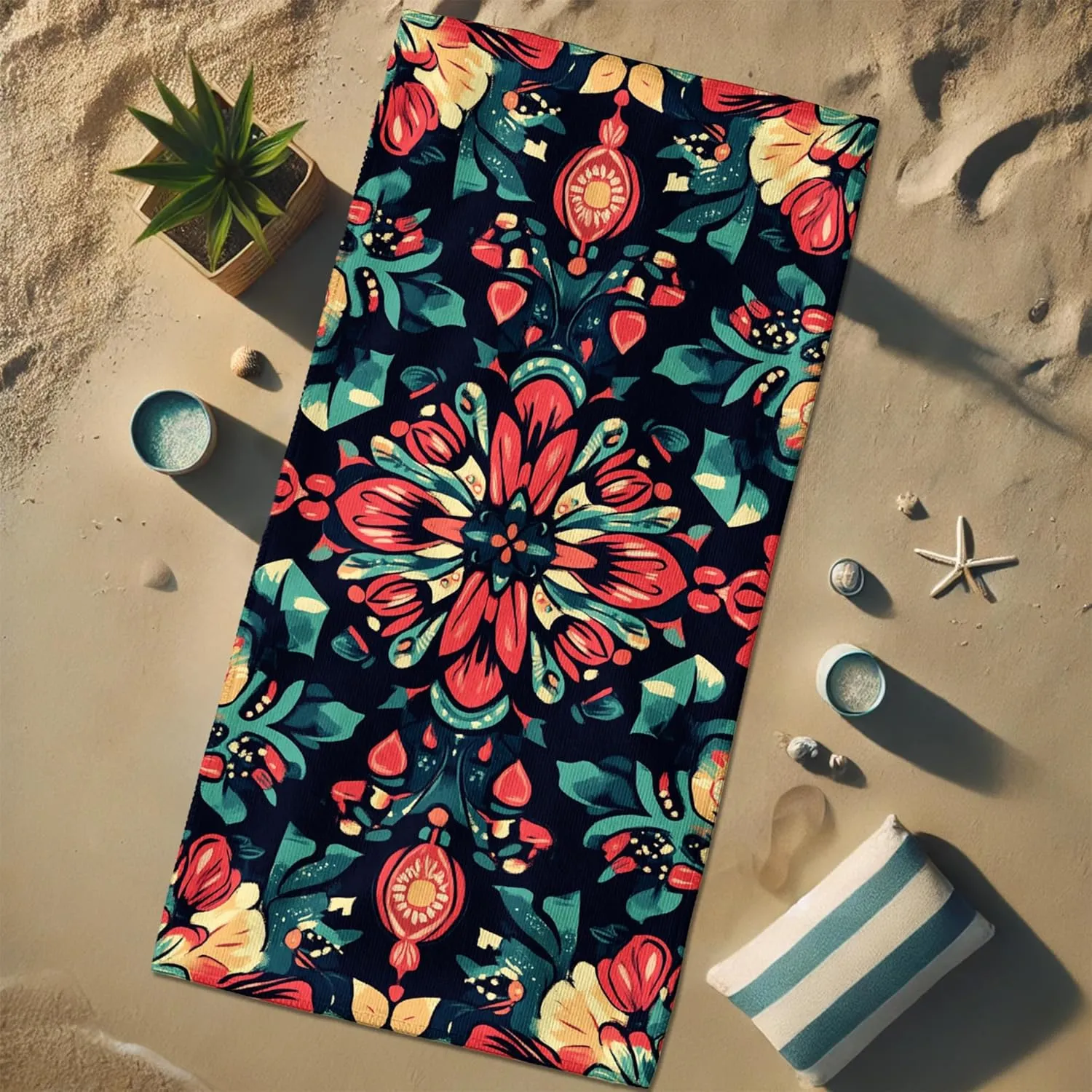Bohemian Floral Microfiber Beach Towel Vibrant Tropical Blossom Towel, Quick Dry Absorbent Soft Lightweight Sand Free Blanket, Beach Vacation Picnic Essentials 62x31 Inch