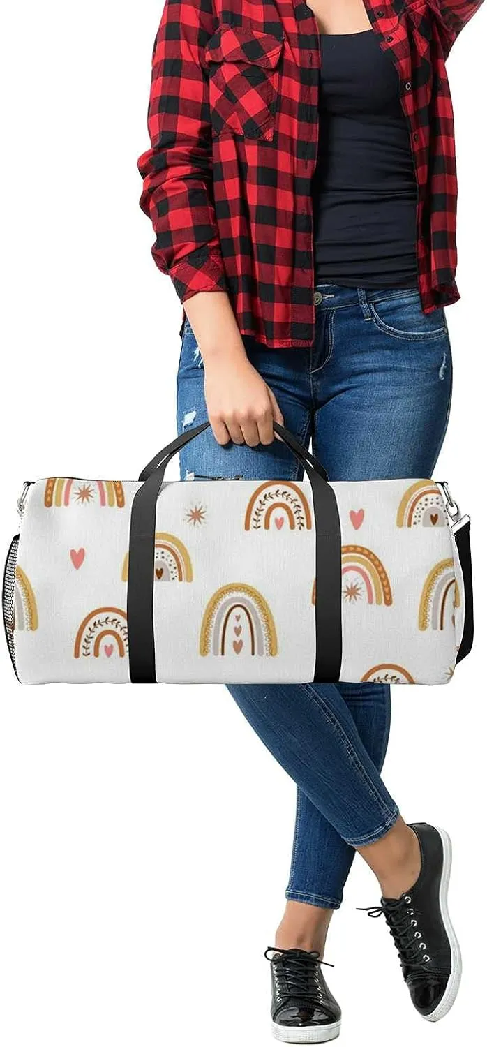 Boho Rainbow Pastel Kid Style Sports Duffel Bag Travel Gym Tote Bags Lightweight Durable Shoulder Strap Waterproof Polyester Outside Mesh Pocket Overnight Trip Duffel Bag for Women Men