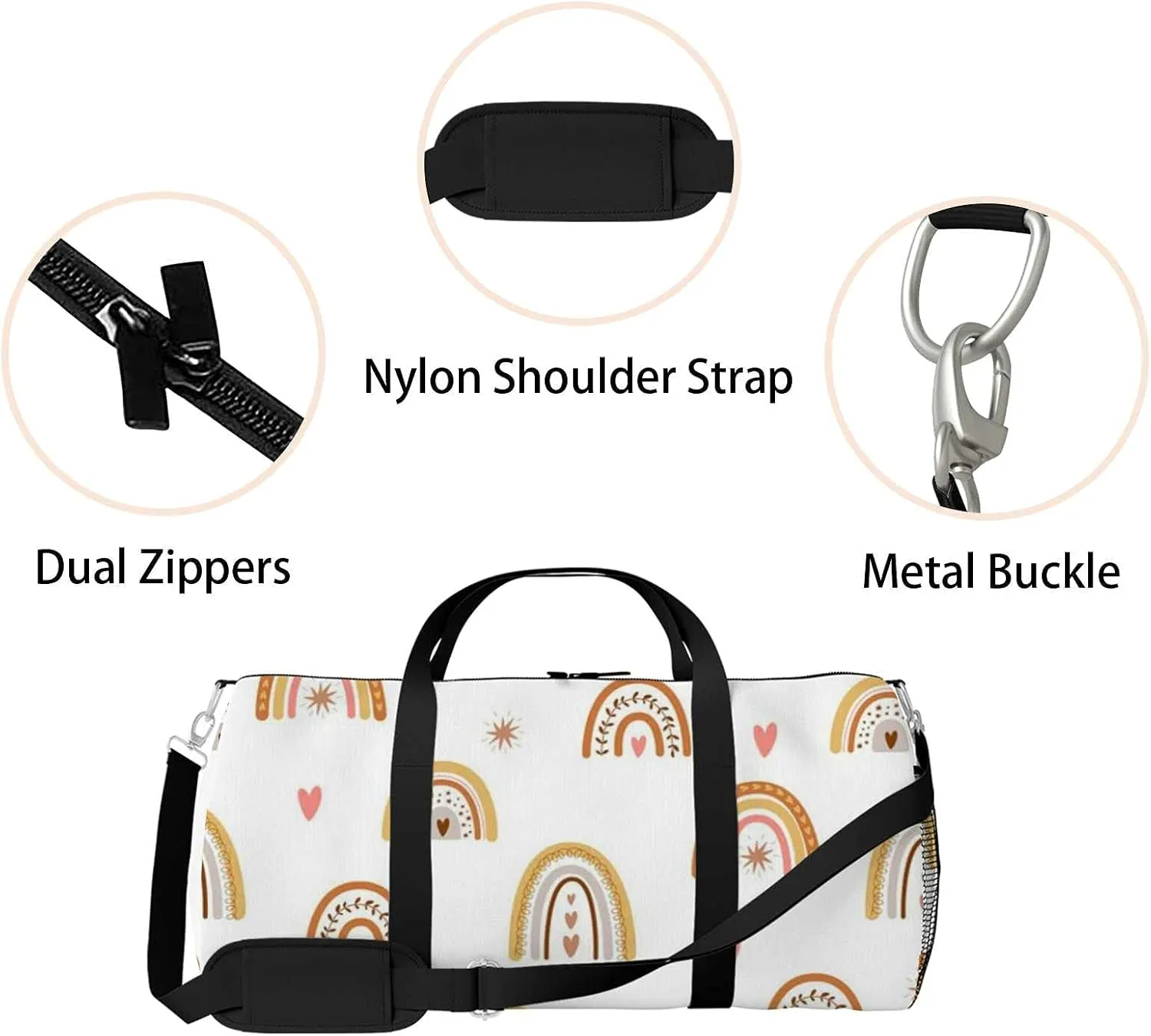 Boho Rainbow Pastel Kid Style Sports Duffel Bag Travel Gym Tote Bags Lightweight Durable Shoulder Strap Waterproof Polyester Outside Mesh Pocket Overnight Trip Duffel Bag for Women Men