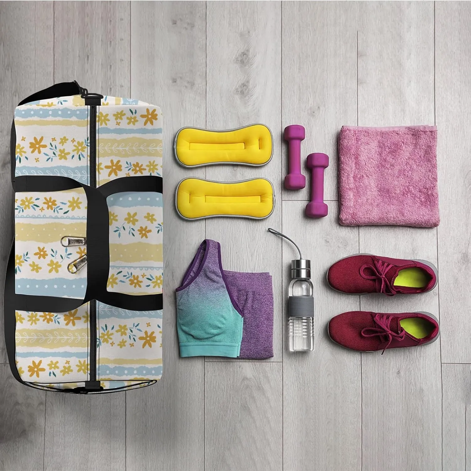 Boho Stripes with Bright Small Florals Sports Duffel Bag Travel Gym Tote Bags Lightweight Durable Shoulder Strap Waterproof Polyester Outside Mesh Pocket Overnight Trip Duffel Bag for Women Men