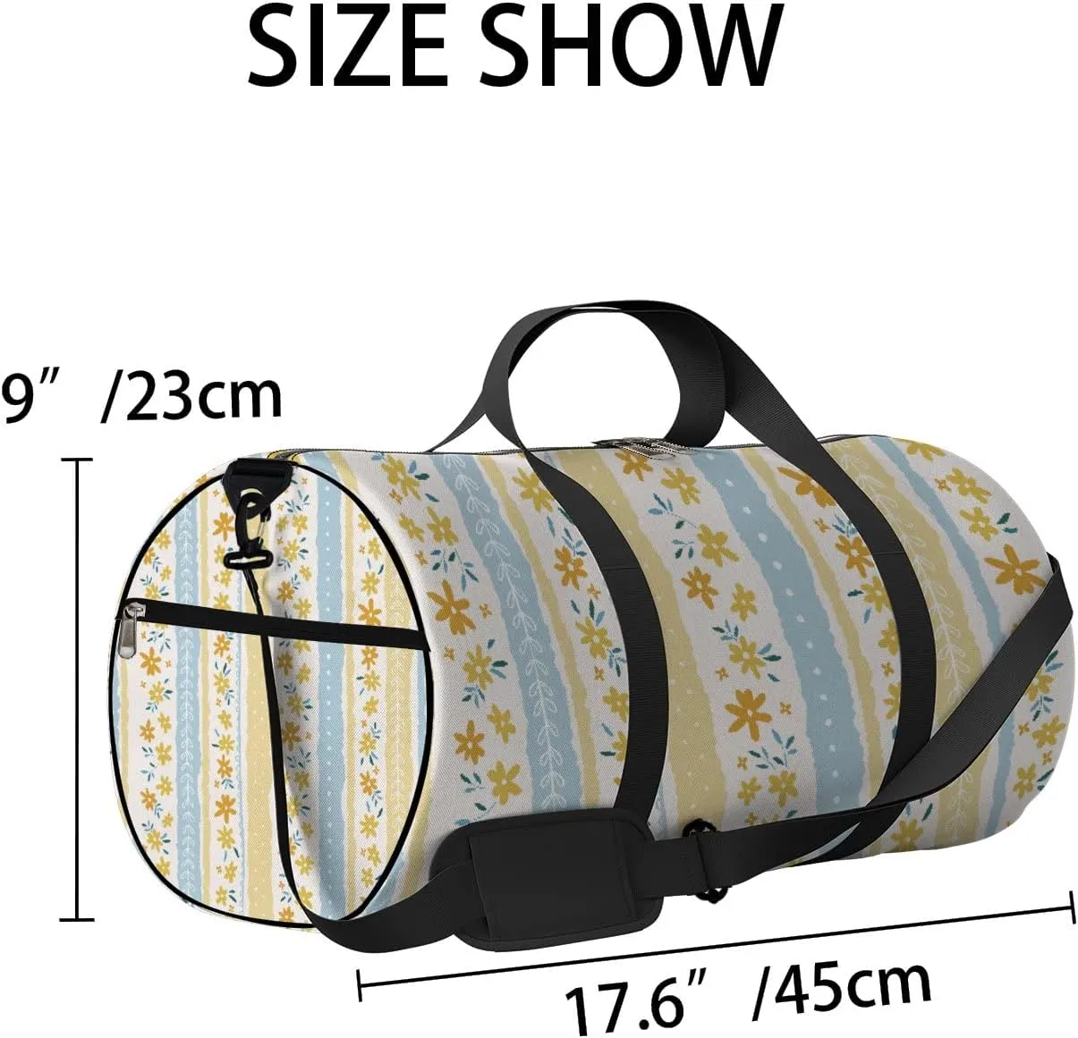 Boho Stripes with Bright Small Florals Sports Duffel Bag Travel Gym Tote Bags Lightweight Durable Shoulder Strap Waterproof Polyester Outside Mesh Pocket Overnight Trip Duffel Bag for Women Men